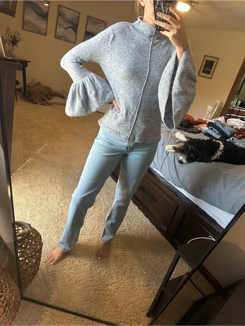 Blue and gray mock neck sweater with bell sleeves